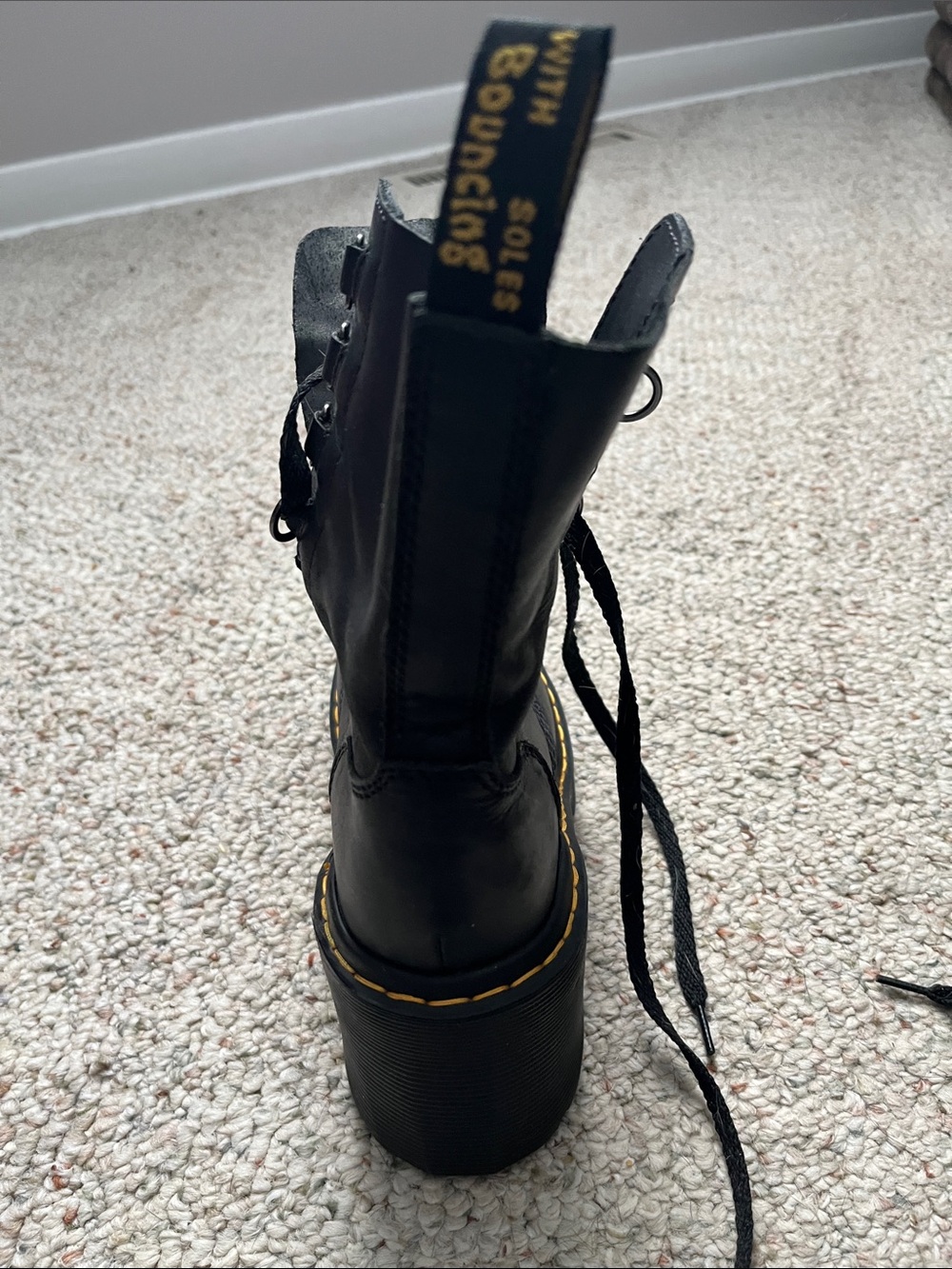 Dr. Martens Black Lace-Up Platform Heel Boots with Yellow Stitching - Picture 5 of 12